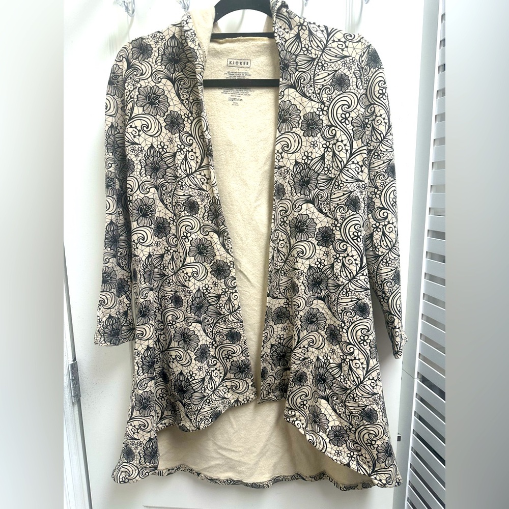 NWT Tan & Black Kickee Pants Lounge Jacket Cardigan with hood. Soft Bamboo SZ S